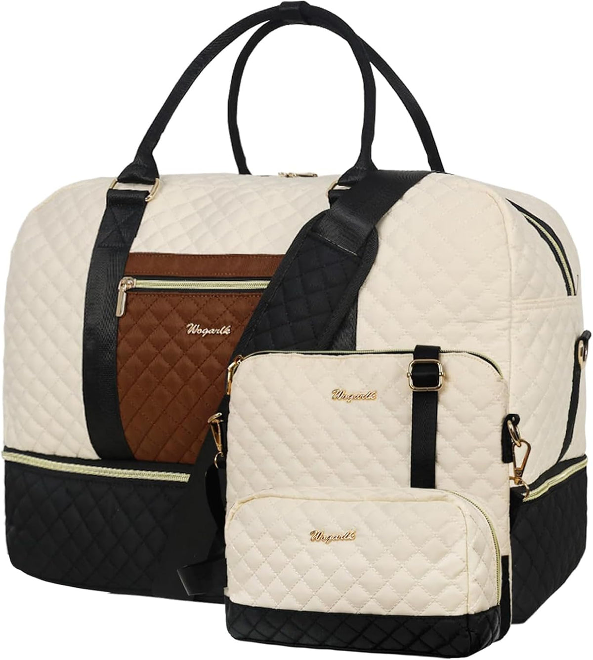3PCS Weekender Bags for Women Large Overnight Bag Weekend Travel Duffel Bag Carry on Shoulder with Shoe Compartment Canvas Toiletry Bag for Travel Business Gym,Cream Bow