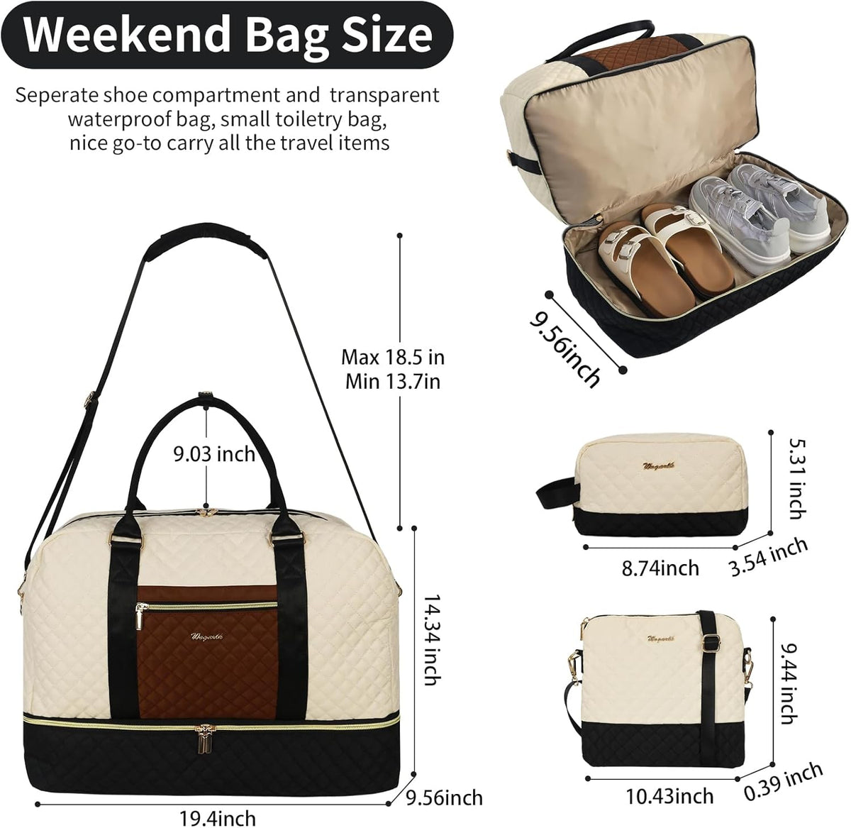3PCS Weekender Bags for Women Large Overnight Bag Weekend Travel Duffel Bag Carry on Shoulder with Shoe Compartment Canvas Toiletry Bag for Travel Business Gym,Cream Bow