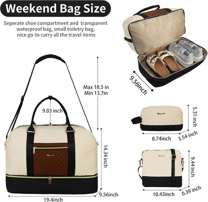 3PCS Weekender Bags for Women Large Overnight Bag Weekend Travel Duffel Bag Carry on Shoulder with Shoe Compartment Canvas Toiletry Bag for Travel Business Gym,Cream Bow