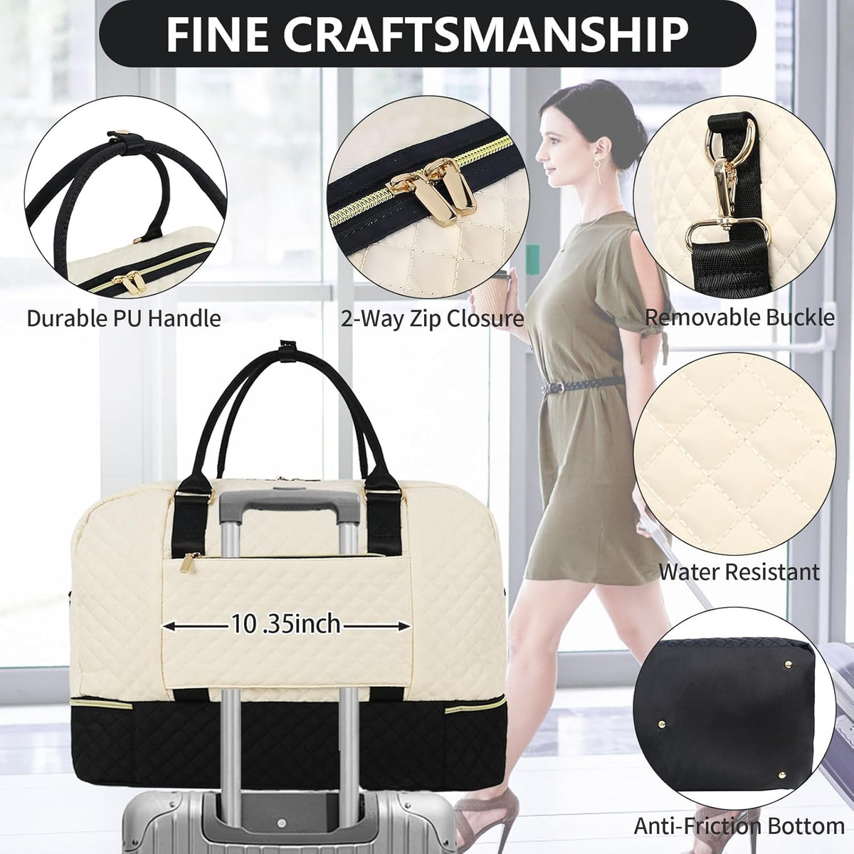 3PCS Weekender Bags for Women Large Overnight Bag Weekend Travel Duffel Bag Carry on Shoulder with Shoe Compartment Canvas Toiletry Bag for Travel Business Gym,Cream Bow