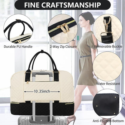 3PCS Weekender Bags for Women Large Overnight Bag Weekend Travel Duffel Bag Carry on Shoulder with Shoe Compartment Canvas Toiletry Bag for Travel Business Gym,Cream Bow