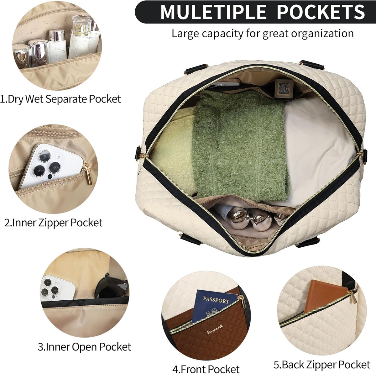 3PCS Weekender Bags for Women Large Overnight Bag Weekend Travel Duffel Bag Carry on Shoulder with Shoe Compartment Canvas Toiletry Bag for Travel Business Gym,Cream Bow