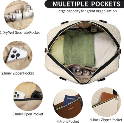 3PCS Weekender Bags for Women Large Overnight Bag Weekend Travel Duffel Bag Carry on Shoulder with Shoe Compartment Canvas Toiletry Bag for Travel Business Gym,Cream Bow