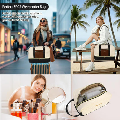 3PCS Weekender Bags for Women Large Overnight Bag Weekend Travel Duffel Bag Carry on Shoulder with Shoe Compartment Canvas Toiletry Bag for Travel Business Gym,Cream Bow