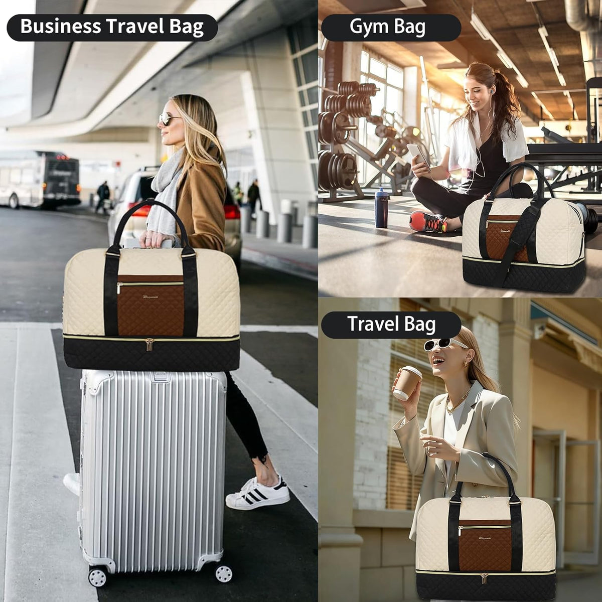 3PCS Weekender Bags for Women Large Overnight Bag Weekend Travel Duffel Bag Carry on Shoulder with Shoe Compartment Canvas Toiletry Bag for Travel Business Gym,Cream Bow