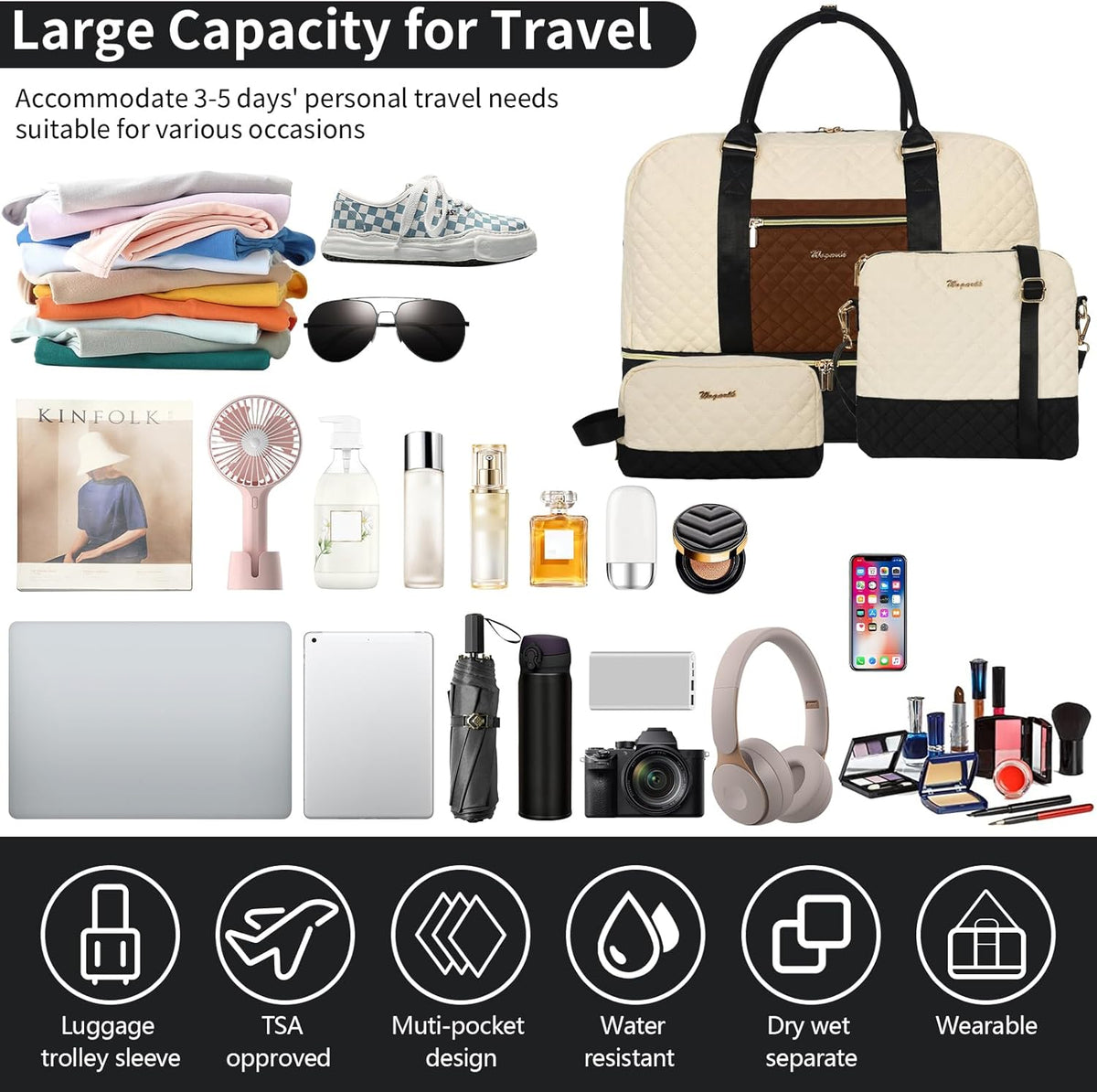 3PCS Weekender Bags for Women Large Overnight Bag Weekend Travel Duffel Bag Carry on Shoulder with Shoe Compartment Canvas Toiletry Bag for Travel Business Gym,Cream Bow
