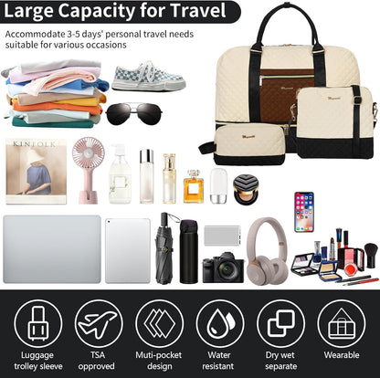 3PCS Weekender Bags for Women Large Overnight Bag Weekend Travel Duffel Bag Carry on Shoulder with Shoe Compartment Canvas Toiletry Bag for Travel Business Gym,Cream Bow
