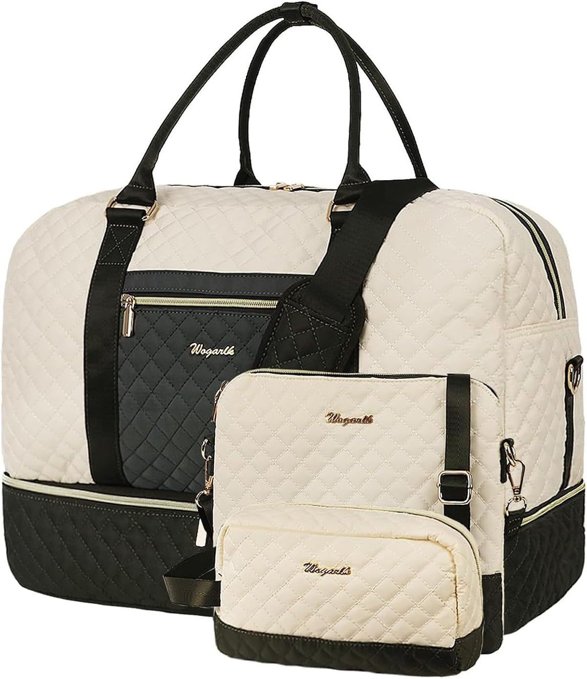 3PCS Weekender Bags for Women Large Overnight Bag Weekend Travel Duffel Bag Carry on Shoulder with Shoe Compartment Canvas Toiletry Bag for Travel Business Gym,Cream Bow