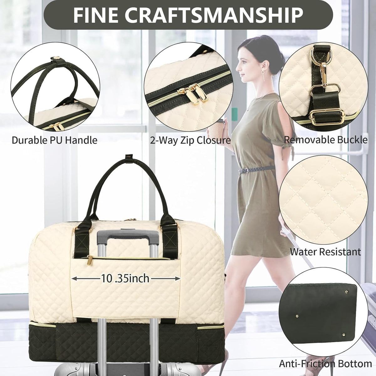 3PCS Weekender Bags for Women Large Overnight Bag Weekend Travel Duffel Bag Carry on Shoulder with Shoe Compartment Canvas Toiletry Bag for Travel Business Gym,Cream Bow