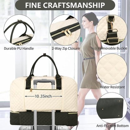 3PCS Weekender Bags for Women Large Overnight Bag Weekend Travel Duffel Bag Carry on Shoulder with Shoe Compartment Canvas Toiletry Bag for Travel Business Gym,Cream Bow
