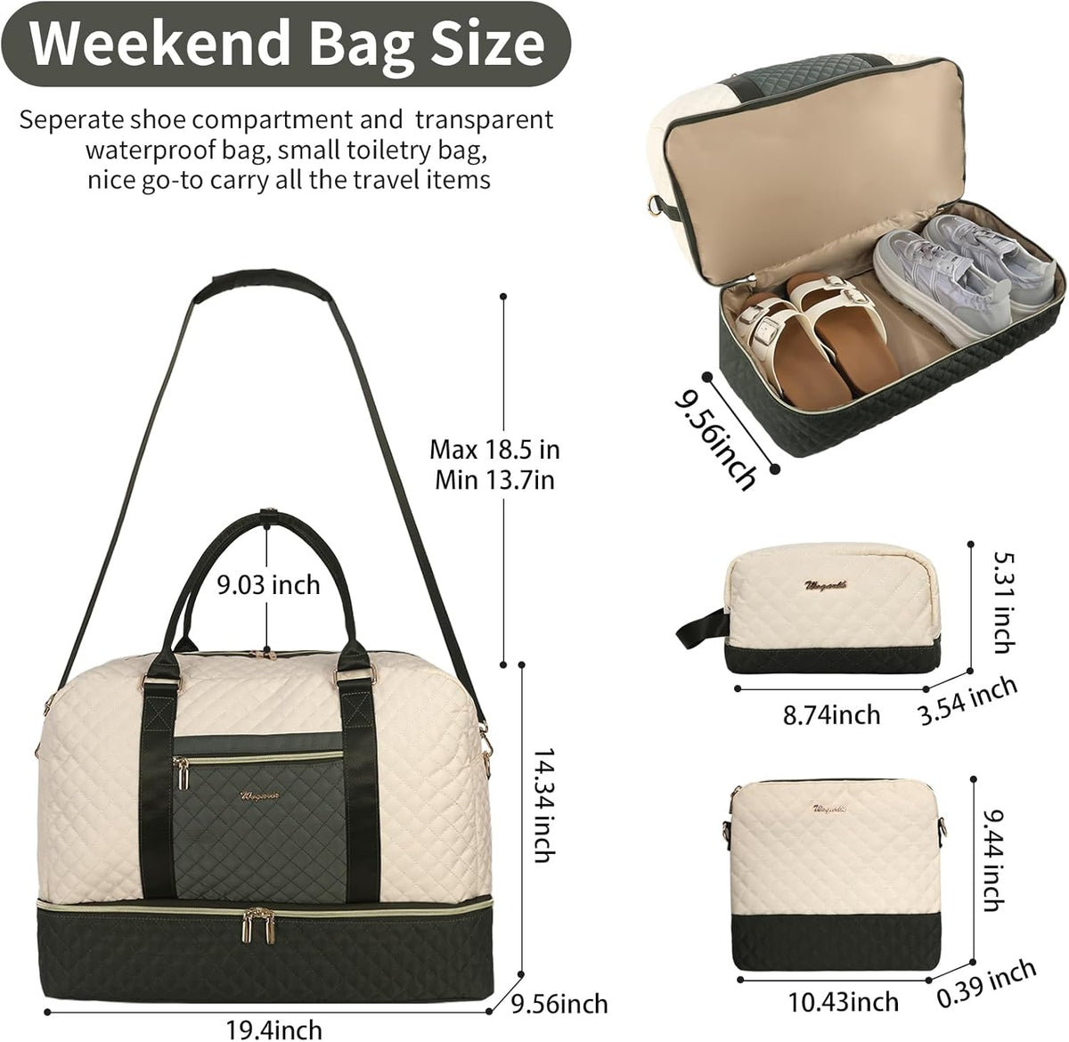 3PCS Weekender Bags for Women Large Overnight Bag Weekend Travel Duffel Bag Carry on Shoulder with Shoe Compartment Canvas Toiletry Bag for Travel Business Gym,Cream Bow