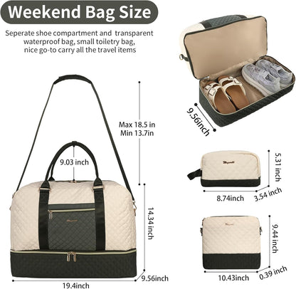 3PCS Weekender Bags for Women Large Overnight Bag Weekend Travel Duffel Bag Carry on Shoulder with Shoe Compartment Canvas Toiletry Bag for Travel Business Gym,Cream Bow
