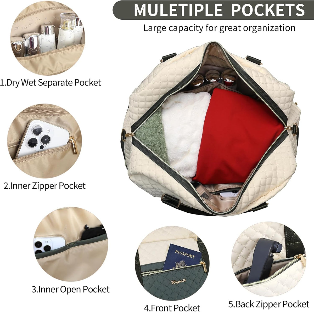 3PCS Weekender Bags for Women Large Overnight Bag Weekend Travel Duffel Bag Carry on Shoulder with Shoe Compartment Canvas Toiletry Bag for Travel Business Gym,Cream Bow