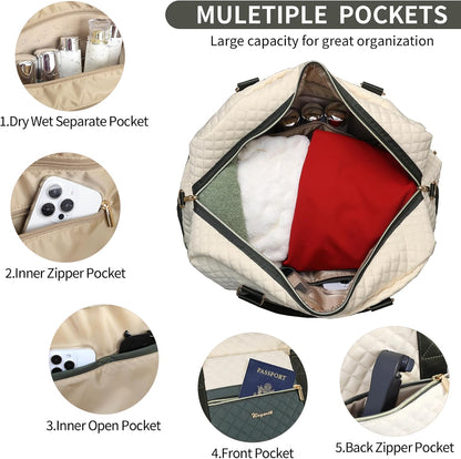 3PCS Weekender Bags for Women Large Overnight Bag Weekend Travel Duffel Bag Carry on Shoulder with Shoe Compartment Canvas Toiletry Bag for Travel Business Gym,Cream Bow
