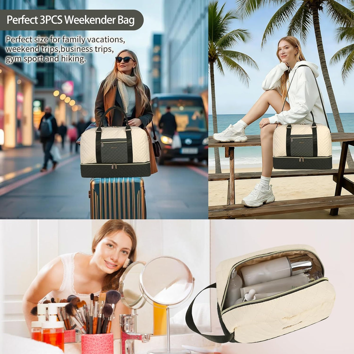 3PCS Weekender Bags for Women Large Overnight Bag Weekend Travel Duffel Bag Carry on Shoulder with Shoe Compartment Canvas Toiletry Bag for Travel Business Gym,Cream Bow