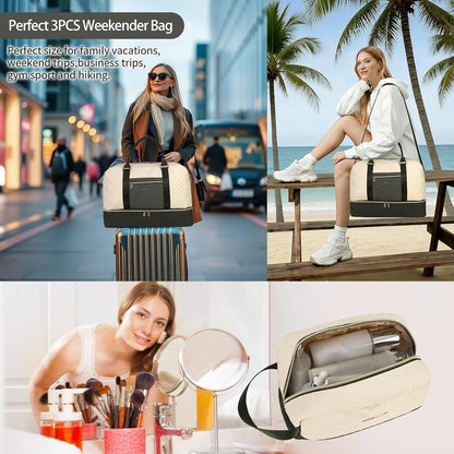 3PCS Weekender Bags for Women Large Overnight Bag Weekend Travel Duffel Bag Carry on Shoulder with Shoe Compartment Canvas Toiletry Bag for Travel Business Gym,Cream Bow