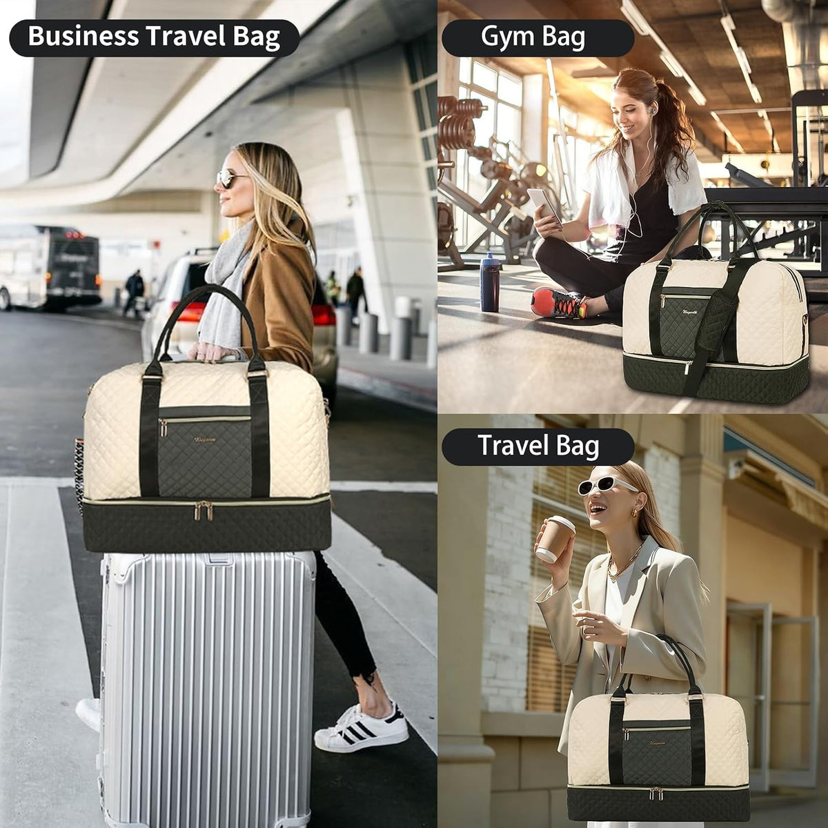 3PCS Weekender Bags for Women Large Overnight Bag Weekend Travel Duffel Bag Carry on Shoulder with Shoe Compartment Canvas Toiletry Bag for Travel Business Gym,Cream Bow