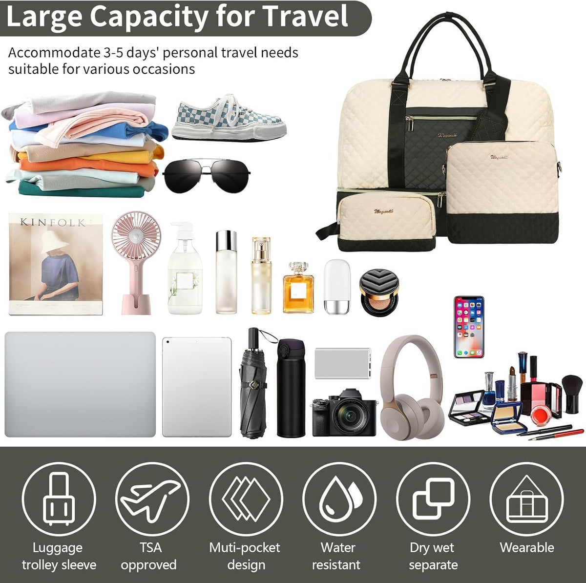 3PCS Weekender Bags for Women Large Overnight Bag Weekend Travel Duffel Bag Carry on Shoulder with Shoe Compartment Canvas Toiletry Bag for Travel Business Gym,Cream Bow