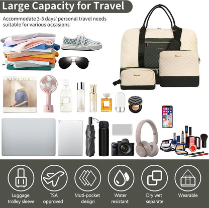3PCS Weekender Bags for Women Large Overnight Bag Weekend Travel Duffel Bag Carry on Shoulder with Shoe Compartment Canvas Toiletry Bag for Travel Business Gym,Cream Bow