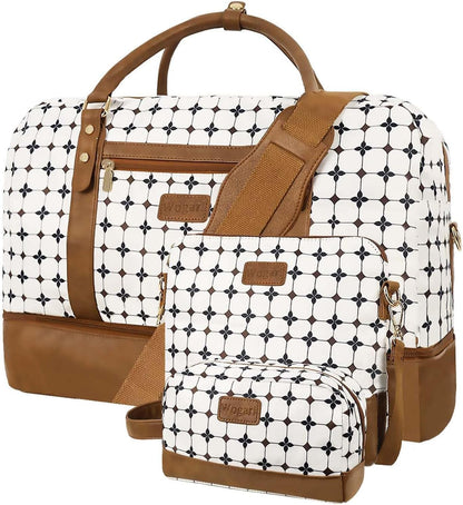 3PCS Weekender Bags for Women Large Overnight Bag Weekend Travel Duffel Bag Carry on Shoulder with Shoe Compartment Canvas Toiletry Bag for Travel Business Gym,Cream Bow