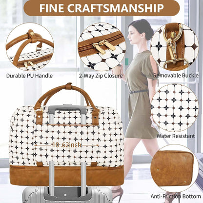 3PCS Weekender Bags for Women Large Overnight Bag Weekend Travel Duffel Bag Carry on Shoulder with Shoe Compartment Canvas Toiletry Bag for Travel Business Gym,Cream Bow