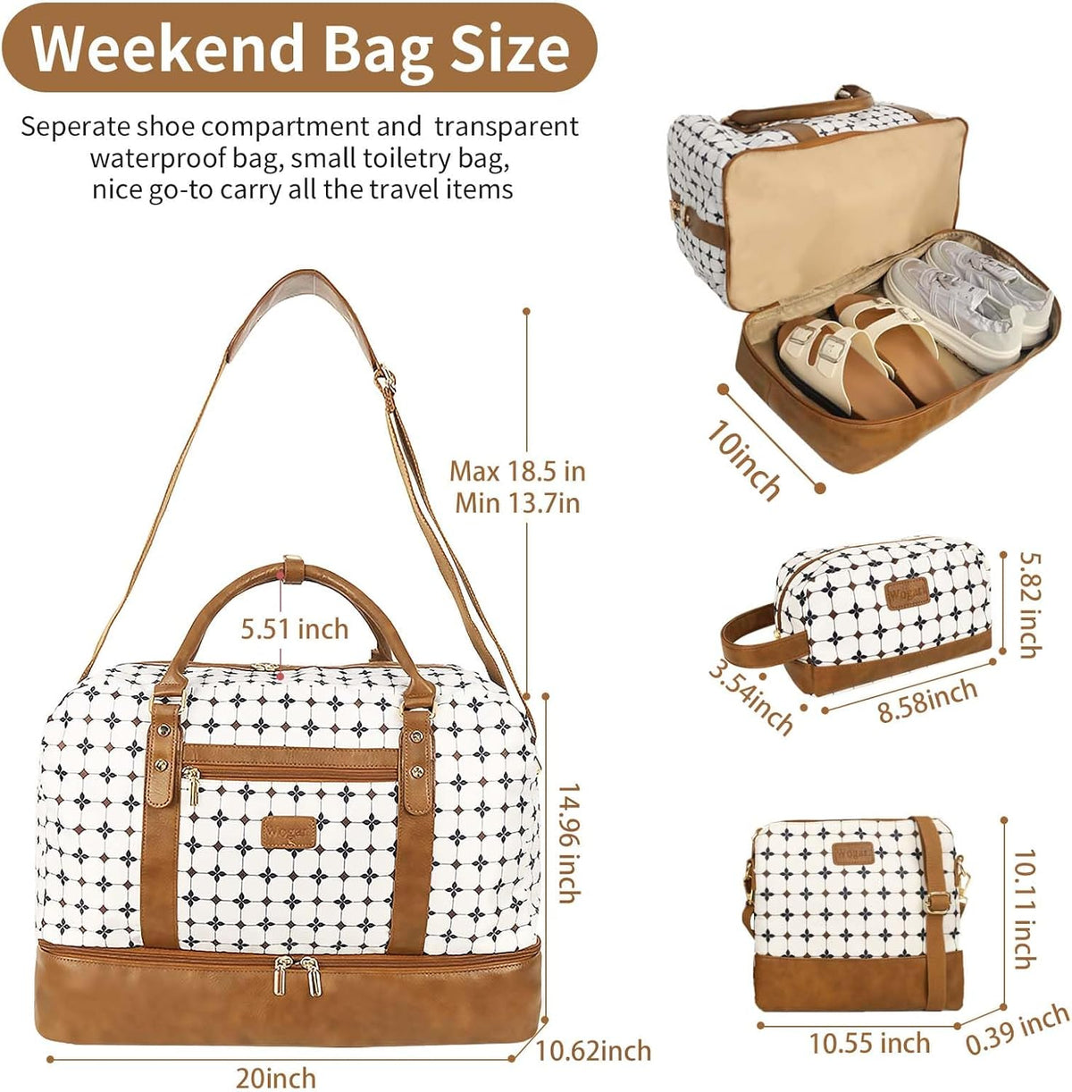 3PCS Weekender Bags for Women Large Overnight Bag Weekend Travel Duffel Bag Carry on Shoulder with Shoe Compartment Canvas Toiletry Bag for Travel Business Gym,Cream Bow