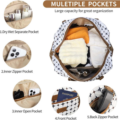 3PCS Weekender Bags for Women Large Overnight Bag Weekend Travel Duffel Bag Carry on Shoulder with Shoe Compartment Canvas Toiletry Bag for Travel Business Gym,Cream Bow