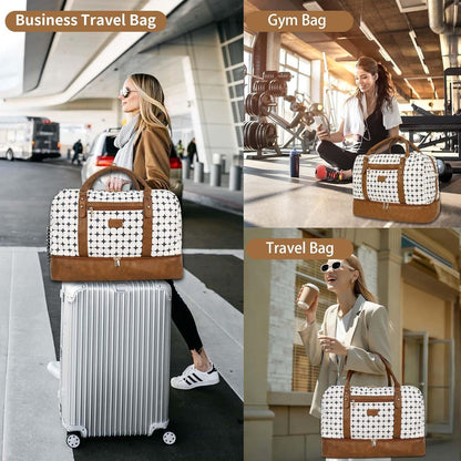 3PCS Weekender Bags for Women Large Overnight Bag Weekend Travel Duffel Bag Carry on Shoulder with Shoe Compartment Canvas Toiletry Bag for Travel Business Gym,Cream Bow