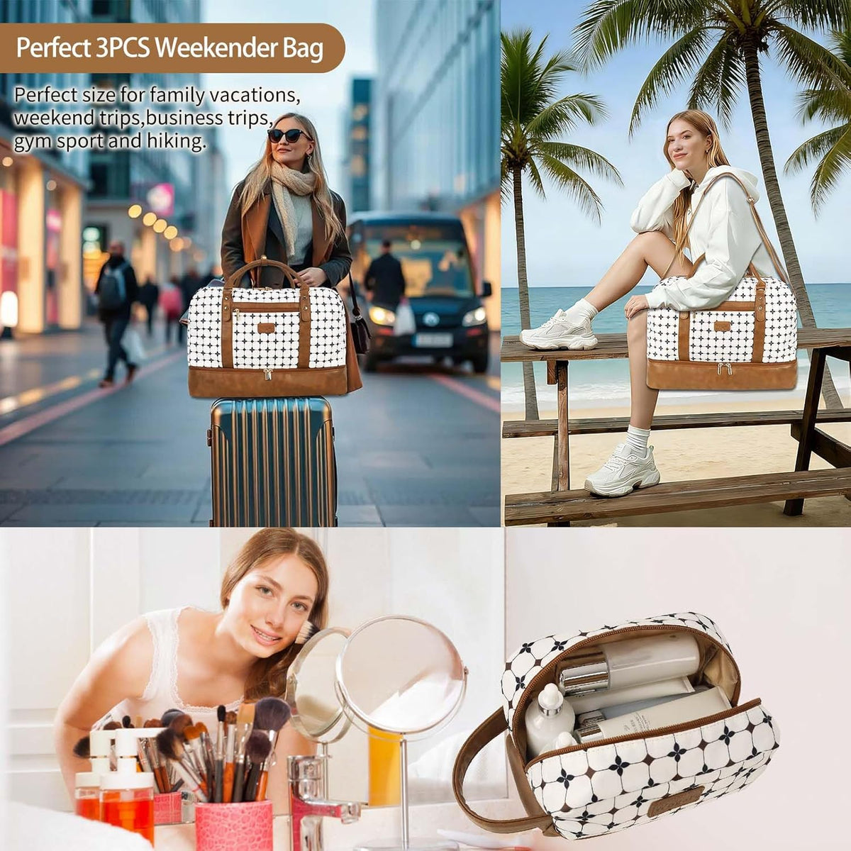3PCS Weekender Bags for Women Large Overnight Bag Weekend Travel Duffel Bag Carry on Shoulder with Shoe Compartment Canvas Toiletry Bag for Travel Business Gym,Cream Bow