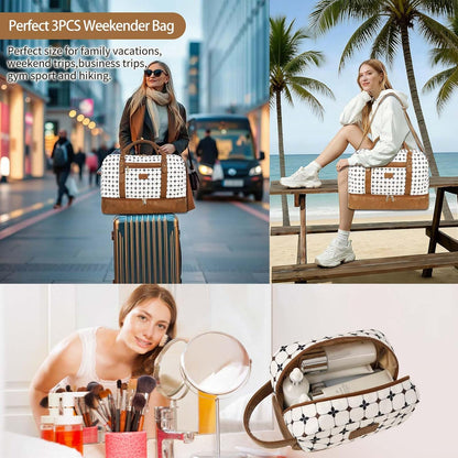 3PCS Weekender Bags for Women Large Overnight Bag Weekend Travel Duffel Bag Carry on Shoulder with Shoe Compartment Canvas Toiletry Bag for Travel Business Gym,Cream Bow