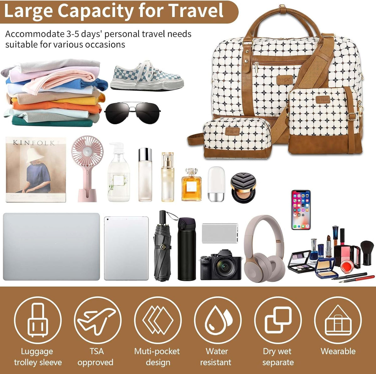 3PCS Weekender Bags for Women Large Overnight Bag Weekend Travel Duffel Bag Carry on Shoulder with Shoe Compartment Canvas Toiletry Bag for Travel Business Gym,Cream Bow