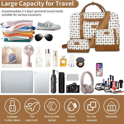 3PCS Weekender Bags for Women Large Overnight Bag Weekend Travel Duffel Bag Carry on Shoulder with Shoe Compartment Canvas Toiletry Bag for Travel Business Gym,Cream Bow