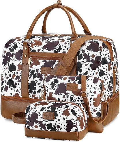 3PCS Weekender Bags for Women Large Overnight Bag Weekend Travel Duffel Bag Carry on Shoulder with Shoe Compartment Canvas Toiletry Bag for Travel Business Gym,Cream Bow