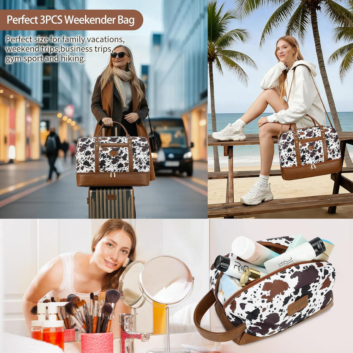 3PCS Weekender Bags for Women Large Overnight Bag Weekend Travel Duffel Bag Carry on Shoulder with Shoe Compartment Canvas Toiletry Bag for Travel Business Gym,Cream Bow