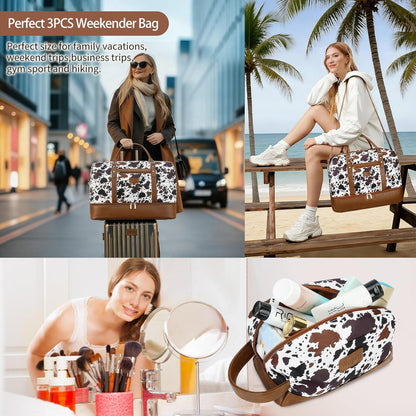 3PCS Weekender Bags for Women Large Overnight Bag Weekend Travel Duffel Bag Carry on Shoulder with Shoe Compartment Canvas Toiletry Bag for Travel Business Gym,Cream Bow