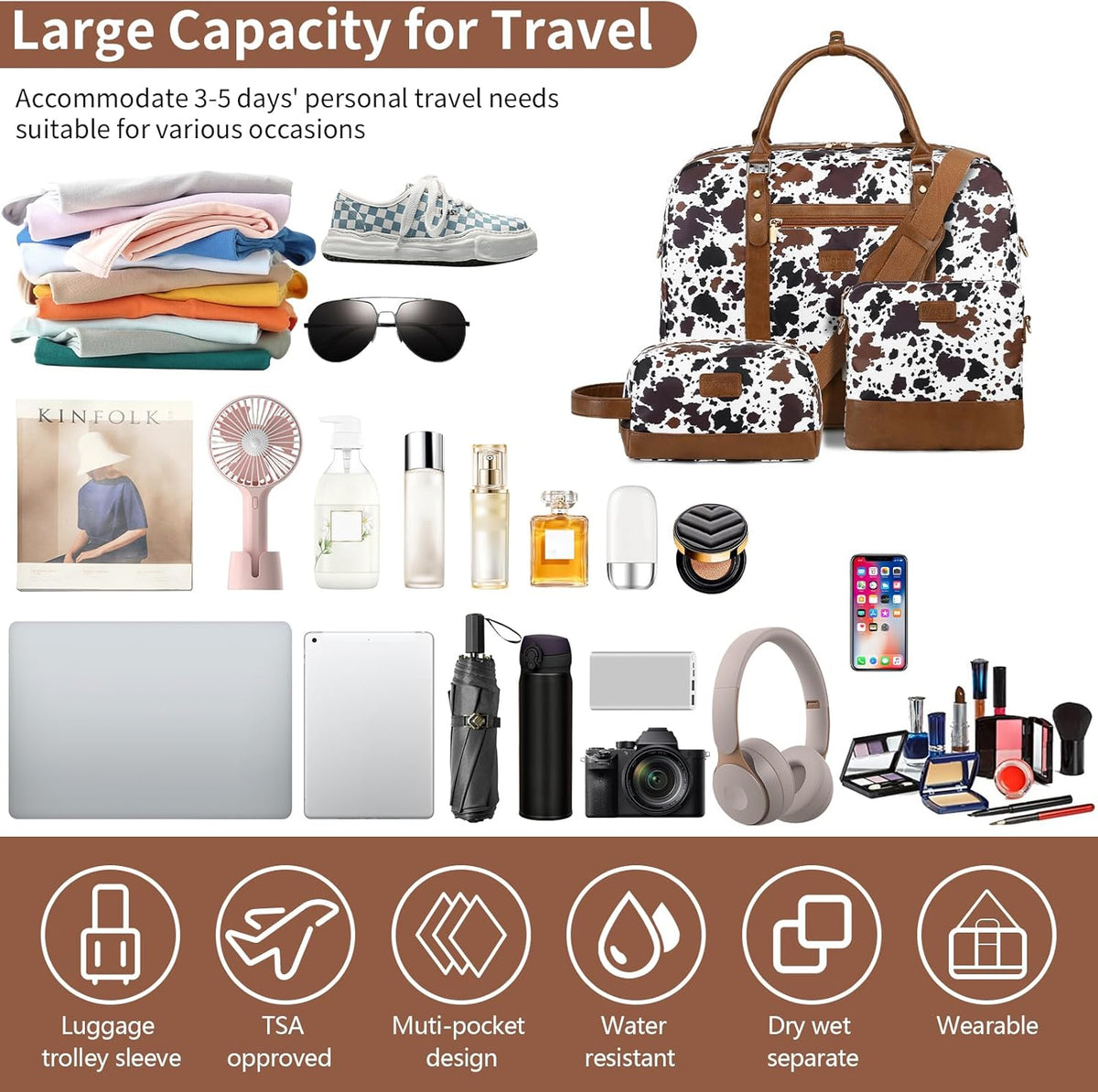 3PCS Weekender Bags for Women Large Overnight Bag Weekend Travel Duffel Bag Carry on Shoulder with Shoe Compartment Canvas Toiletry Bag for Travel Business Gym,Cream Bow