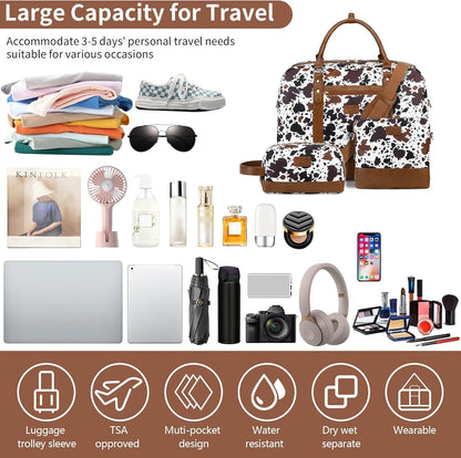 3PCS Weekender Bags for Women Large Overnight Bag Weekend Travel Duffel Bag Carry on Shoulder with Shoe Compartment Canvas Toiletry Bag for Travel Business Gym,Cream Bow