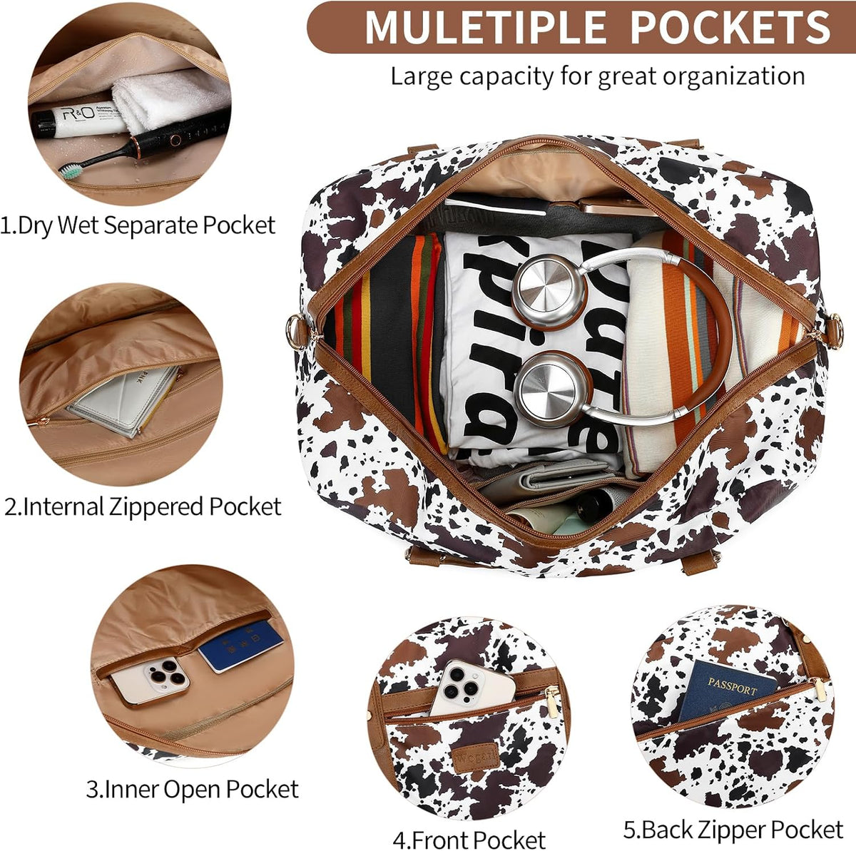 3PCS Weekender Bags for Women Large Overnight Bag Weekend Travel Duffel Bag Carry on Shoulder with Shoe Compartment Canvas Toiletry Bag for Travel Business Gym,Cream Bow