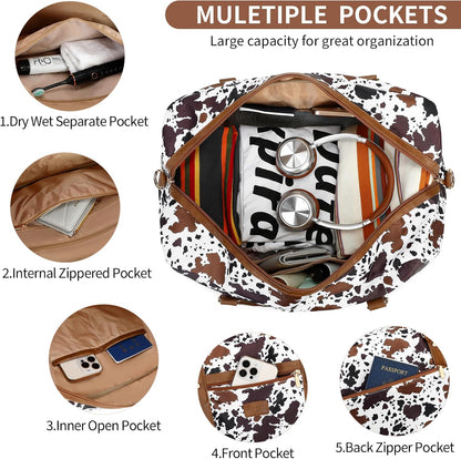 3PCS Weekender Bags for Women Large Overnight Bag Weekend Travel Duffel Bag Carry on Shoulder with Shoe Compartment Canvas Toiletry Bag for Travel Business Gym,Cream Bow