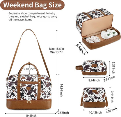 3PCS Weekender Bags for Women Large Overnight Bag Weekend Travel Duffel Bag Carry on Shoulder with Shoe Compartment Canvas Toiletry Bag for Travel Business Gym,Cream Bow