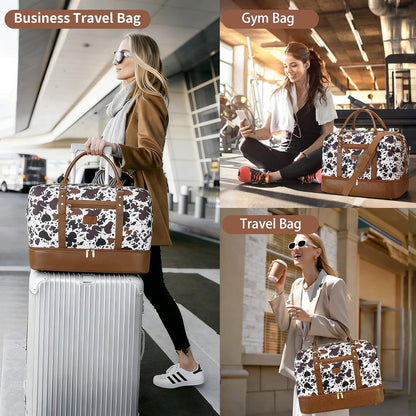 3PCS Weekender Bags for Women Large Overnight Bag Weekend Travel Duffel Bag Carry on Shoulder with Shoe Compartment Canvas Toiletry Bag for Travel Business Gym,Cream Bow