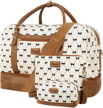 3PCS Weekender Bags for Women Large Overnight Bag Weekend Travel Duffel Bag Carry on Shoulder with Shoe Compartment Canvas Toiletry Bag for Travel Business Gym,Cream Bow