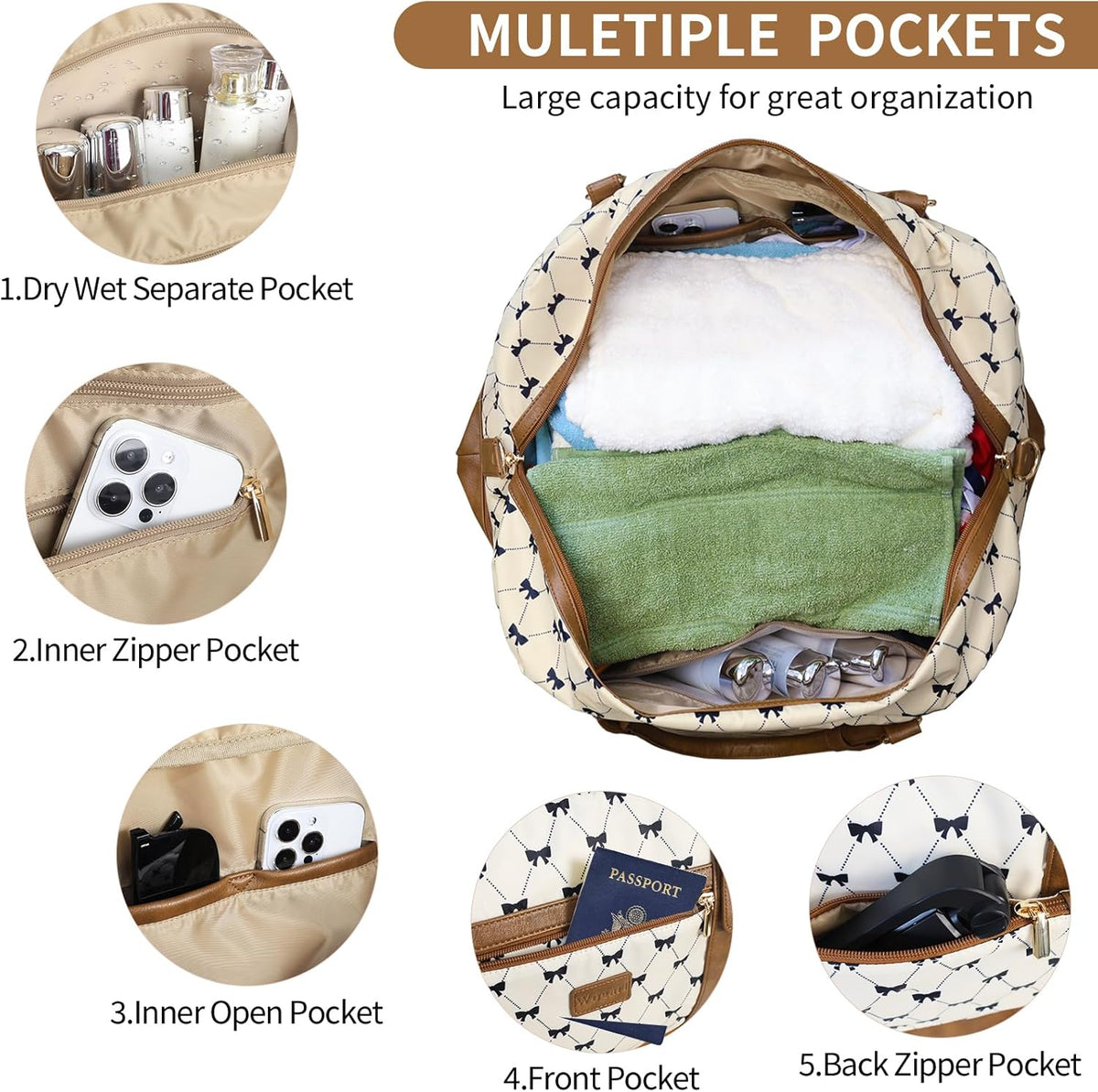 3PCS Weekender Bags for Women Large Overnight Bag Weekend Travel Duffel Bag Carry on Shoulder with Shoe Compartment Canvas Toiletry Bag for Travel Business Gym,Cream Bow