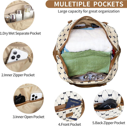 3PCS Weekender Bags for Women Large Overnight Bag Weekend Travel Duffel Bag Carry on Shoulder with Shoe Compartment Canvas Toiletry Bag for Travel Business Gym,Cream Bow
