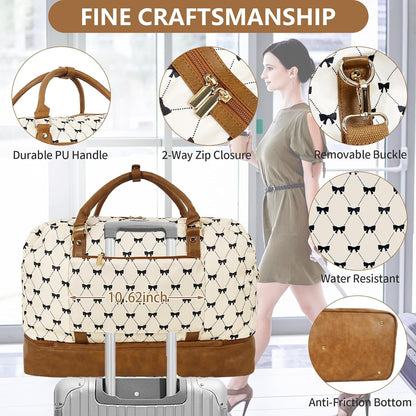 3PCS Weekender Bags for Women Large Overnight Bag Weekend Travel Duffel Bag Carry on Shoulder with Shoe Compartment Canvas Toiletry Bag for Travel Business Gym,Cream Bow