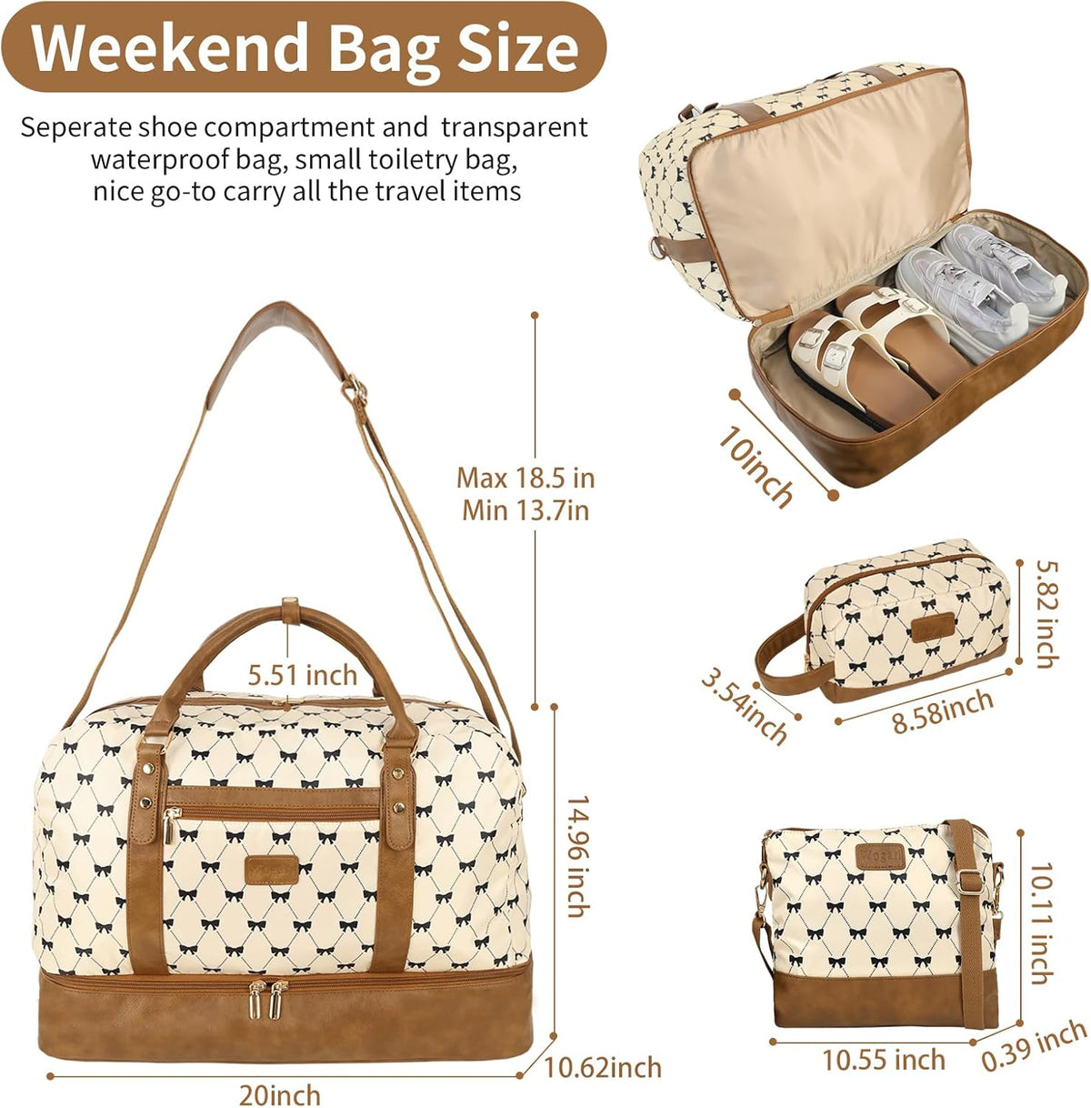3PCS Weekender Bags for Women Large Overnight Bag Weekend Travel Duffel Bag Carry on Shoulder with Shoe Compartment Canvas Toiletry Bag for Travel Business Gym,Cream Bow