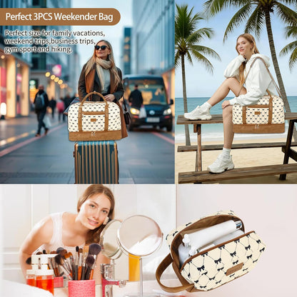 3PCS Weekender Bags for Women Large Overnight Bag Weekend Travel Duffel Bag Carry on Shoulder with Shoe Compartment Canvas Toiletry Bag for Travel Business Gym,Cream Bow