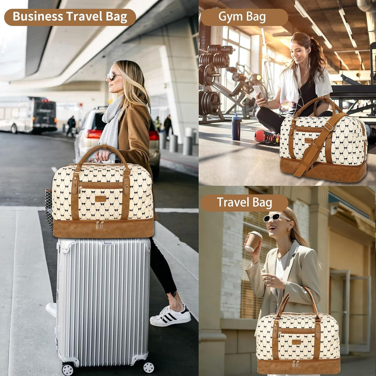3PCS Weekender Bags for Women Large Overnight Bag Weekend Travel Duffel Bag Carry on Shoulder with Shoe Compartment Canvas Toiletry Bag for Travel Business Gym,Cream Bow