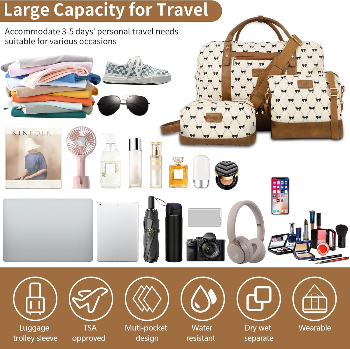 3PCS Weekender Bags for Women Large Overnight Bag Weekend Travel Duffel Bag Carry on Shoulder with Shoe Compartment Canvas Toiletry Bag for Travel Business Gym,Cream Bow