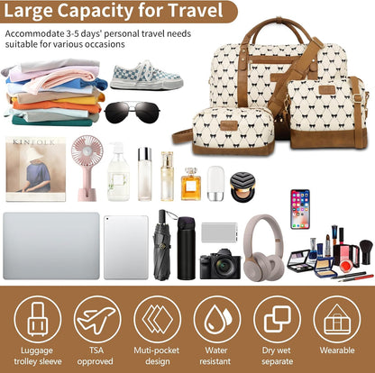 3PCS Weekender Bags for Women Large Overnight Bag Weekend Travel Duffel Bag Carry on Shoulder with Shoe Compartment Canvas Toiletry Bag for Travel Business Gym,Cream Bow